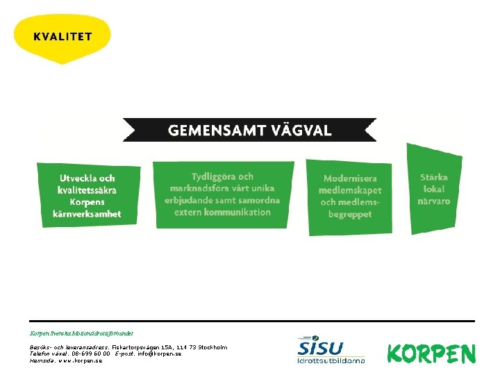 Korpen Svenska Motionsidrottsförbundet Besöks- och leveransadress: Fiskartorpsvägen 15 A, 114 73 Stockholm Telefon växel: