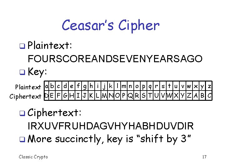 Ceasar’s Cipher q Plaintext: FOURSCOREANDSEVENYEARSAGO q Key: Plaintext a b c d e f