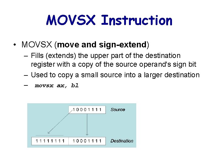 MOVSX Instruction • MOVSX (move and sign-extend) – Fills (extends) the upper part of