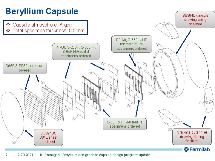 Beryllium Capsule SS 304 L capsule drawing being finalized v Capsule atmosphere: Argon v