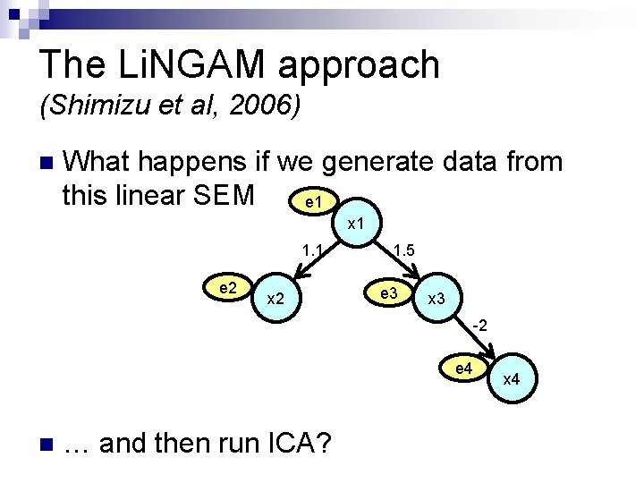 The Li. NGAM approach (Shimizu et al, 2006) n What happens if we generate