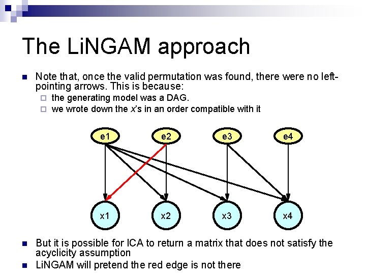 The Li. NGAM approach n Note that, once the valid permutation was found, there