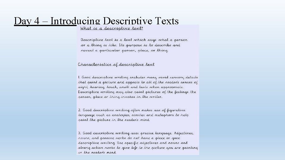 Day 4 – Introducing Descriptive Texts 