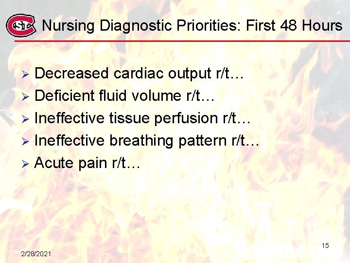 Nursing Diagnostic Priorities: First 48 Hours Decreased cardiac output r/t… Ø Deficient fluid volume