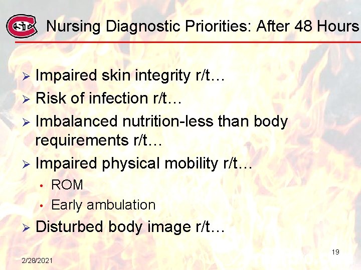 Nursing Diagnostic Priorities: After 48 Hours Impaired skin integrity r/t… Ø Risk of infection
