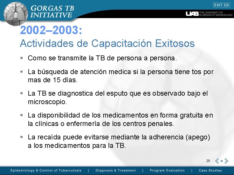 2002– 2003: Actividades de Capacitación Exitosos § Como se transmite la TB de persona