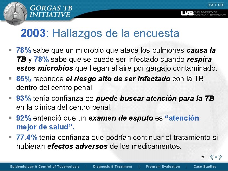 2003: Hallazgos de la encuesta § 78% sabe que un microbio que ataca los