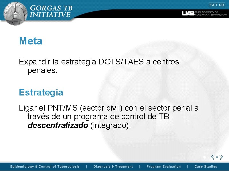 Meta Expandir la estrategia DOTS/TAES a centros penales. Estrategia Ligar el PNT/MS (sector civil)