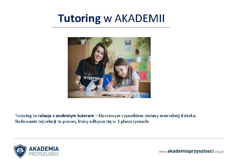 Tutoring w AKADEMII Tutoring to relacja z osobistym tutorem – kluczowym czynnikiem zmiany mentalnej