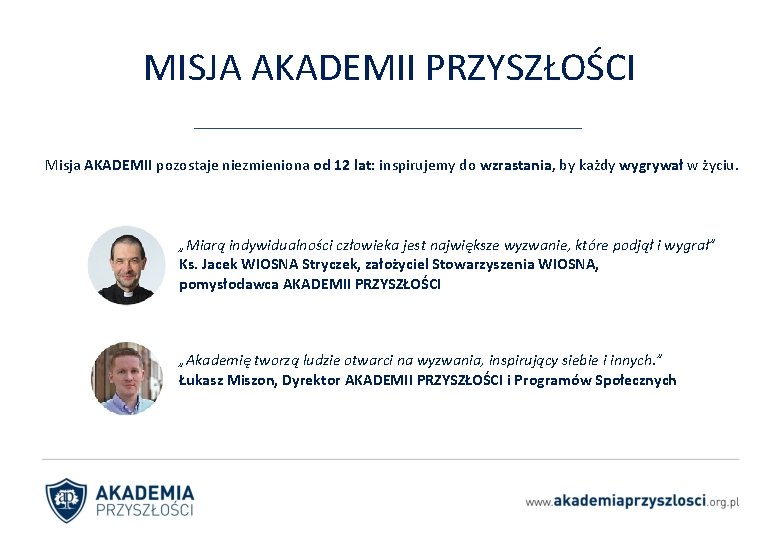 MISJA AKADEMII PRZYSZŁOŚCI Misja AKADEMII pozostaje niezmieniona od 12 lat: inspirujemy do wzrastania, by