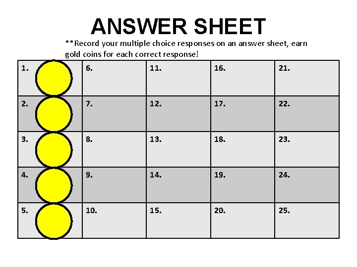 ANSWER SHEET **Record your multiple choice responses on an answer sheet, earn gold coins