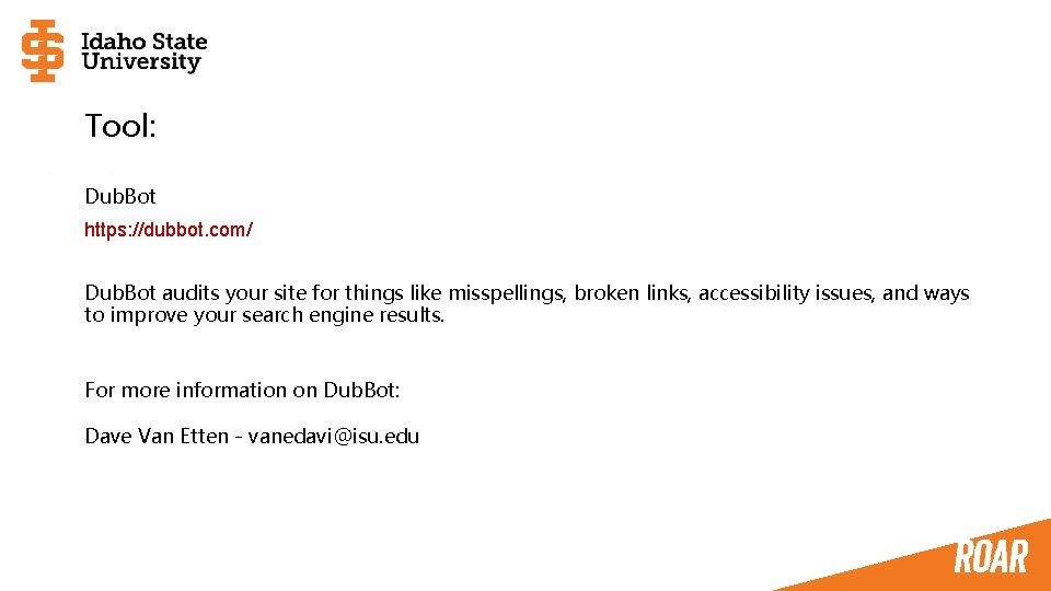 Tool: Dub. Bot https: //dubbot. com/ Dub. Bot audits your site for things like