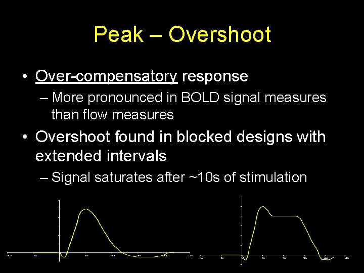 Peak – Overshoot • Over-compensatory response – More pronounced in BOLD signal measures than