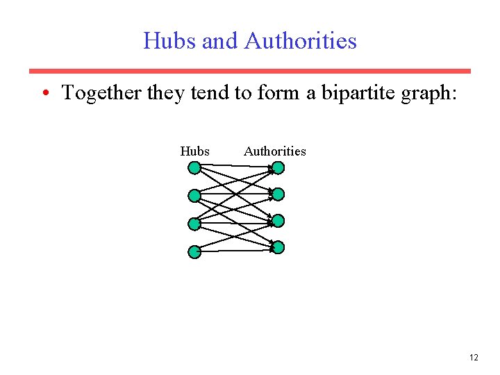 Hubs and Authorities • Together they tend to form a bipartite graph: Hubs Authorities