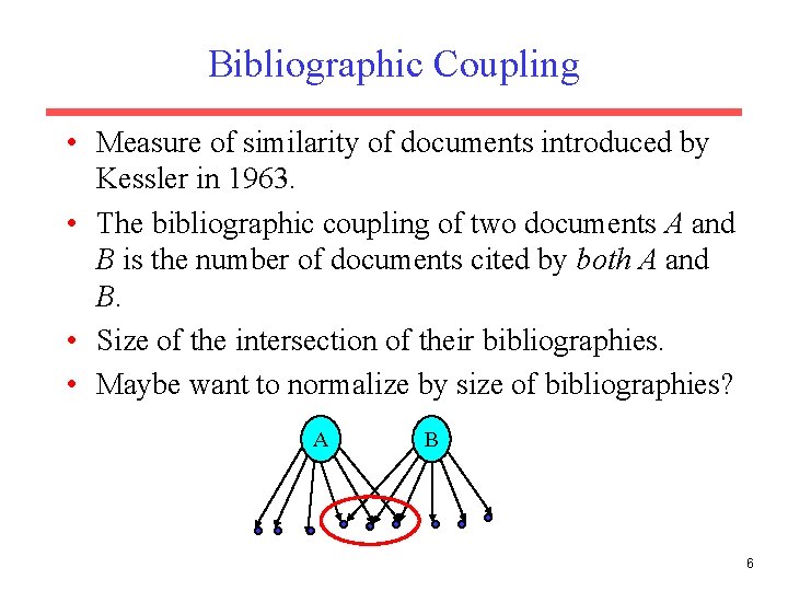 Bibliographic Coupling • Measure of similarity of documents introduced by Kessler in 1963. •