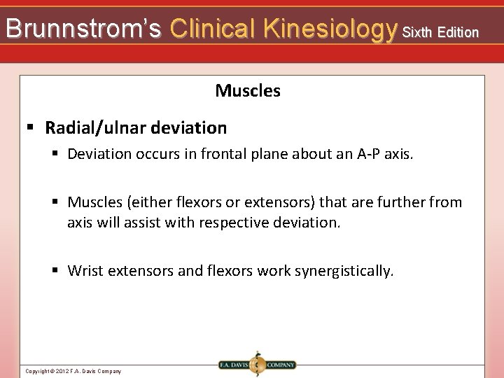 Brunnstrom’s Clinical Kinesiology Sixth Edition Muscles § Radial/ulnar deviation § Deviation occurs in frontal