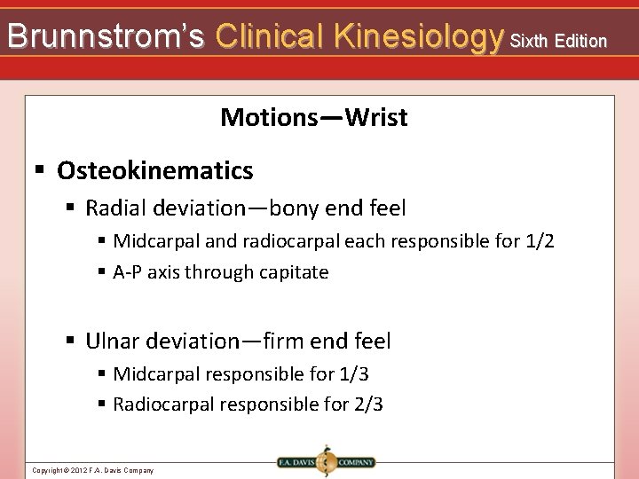 Brunnstrom’s Clinical Kinesiology Sixth Edition Motions—Wrist § Osteokinematics § Radial deviation—bony end feel §
