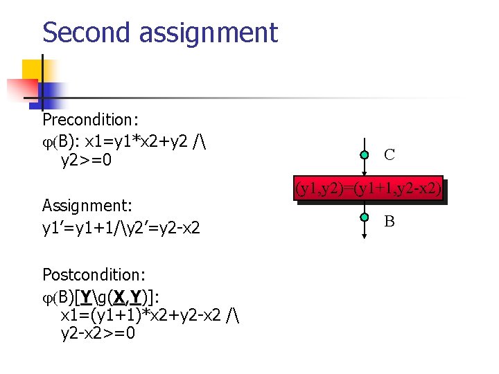Second assignment Precondition: B): x 1=y 1*x 2+y 2 / y 2>=0 Assignment: y