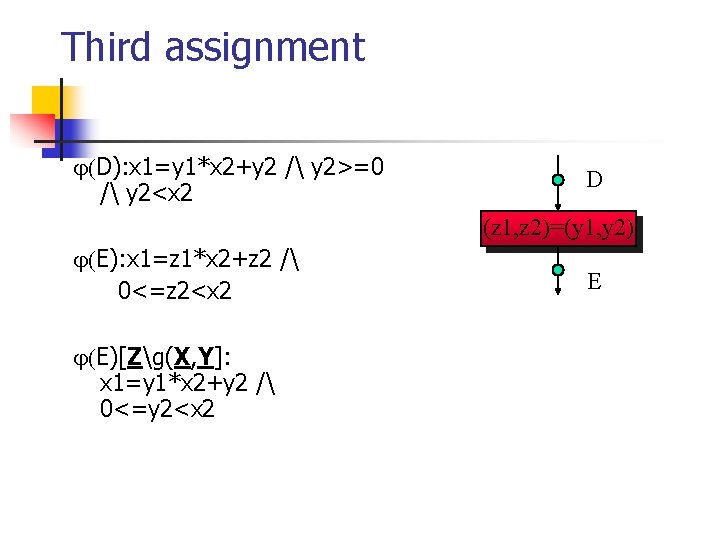 Third assignment D): x 1=y 1*x 2+y 2 / y 2>=0 / y 2<x