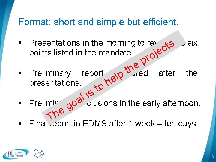 Format: short and simple but efficient. § Presentations in the morning to review the