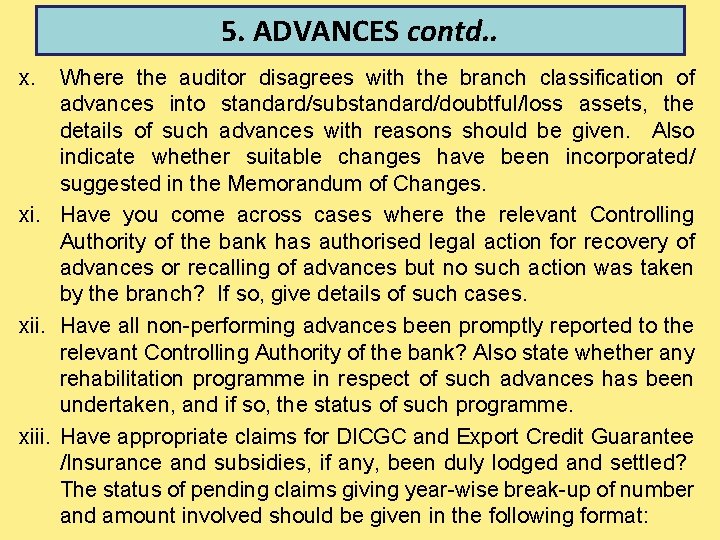 5. ADVANCES contd. . x. Where the auditor disagrees with the branch classification of