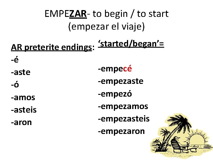 EMPEZAR- to begin / to start (empezar el viaje) AR preterite endings: -é -aste