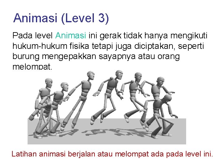 Animasi (Level 3) Pada level Animasi ini gerak tidak hanya mengikuti hukum-hukum fisika tetapi