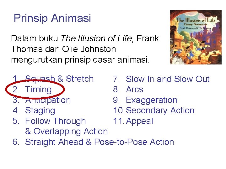 Prinsip Animasi Dalam buku The Illusion of Life, Frank Thomas dan Olie Johnston mengurutkan