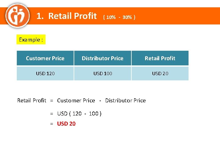 1. Retail Profit ( 10% - 30% ) Example : Customer Price Distributor Price