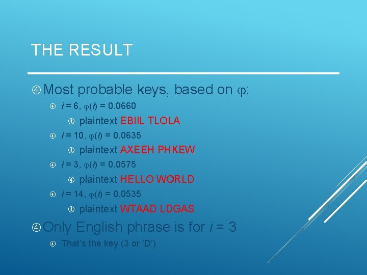 THE RESULT Most probable keys, based on : i = 6, (i) = 0.