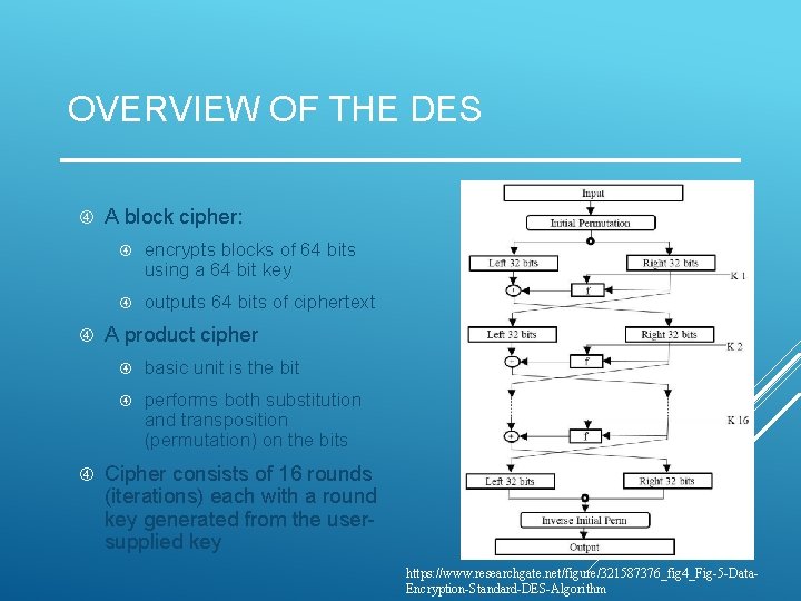 OVERVIEW OF THE DES A block cipher: encrypts blocks of 64 bits using a