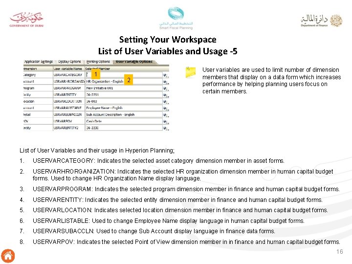 Setting Your Workspace List of User Variables and Usage -5 1 2 User variables