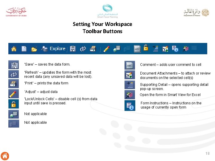 Setting Your Workspace Toolbar Buttons ‘Save’ – saves the data form. Comment – adds