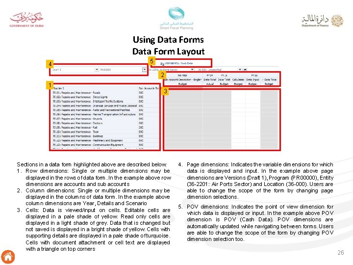 Using Data Forms Data Form Layout 4 5 2 1 3 Sections in a