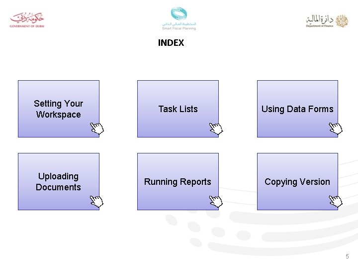 INDEX Setting Your Workspace Task Lists Using Data Forms Uploading Documents Running Reports Copying