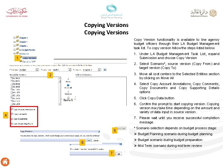 Copying Versions Copy Version functionality is available to line agency budget officers through their