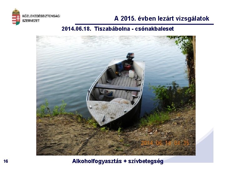 A 2015. évben lezárt vizsgálatok 2014. 06. 18. Tiszabábolna - csónakbaleset 16 Alkoholfogyasztás +