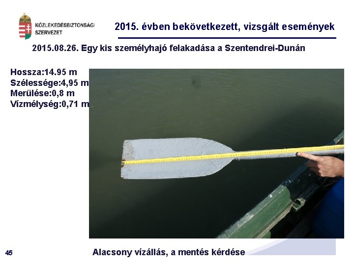 2015. évben bekövetkezett, vizsgált események 2015. 08. 26. Egy kis személyhajó felakadása a Szentendrei-Dunán