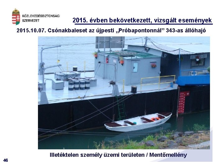 2015. évben bekövetkezett, vizsgált események 2015. 10. 07. Csónakbaleset az újpesti „Próbapontonnál” 343 -as