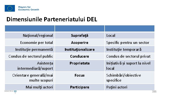 Dimensiunile Parteneriatului DEL Naţional/regional Suprafaţă Local Economie per total Acoperire Specific pentru un sector