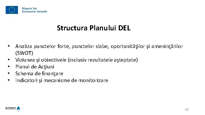 Structura Planului DEL • Analiza punctelor forte, punctelor slabe, oportunităţilor şi ameninţărilor (SWOT) •