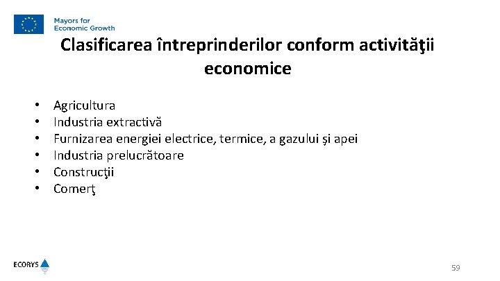 Clasificarea întreprinderilor conform activităţii economice • • • Agricultura Industria extractivă Furnizarea energiei electrice,