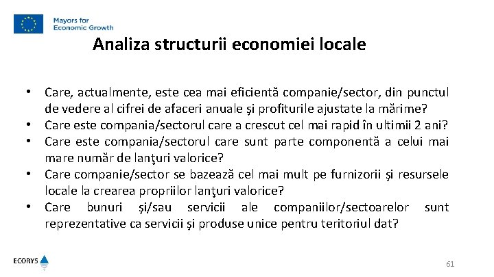 Analiza structurii economiei locale • Care, actualmente, este cea mai eficientă companie/sector, din punctul