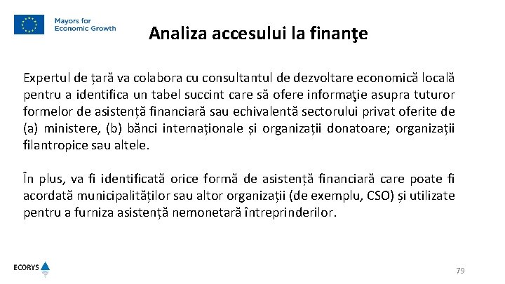 Analiza accesului la finanţe Expertul de țară va colabora cu consultantul de dezvoltare economică