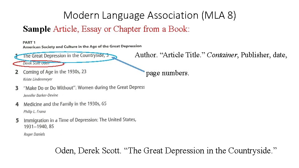 Modern Language Association (MLA 8) Sample Article, Essay or Chapter from a Book: Author.