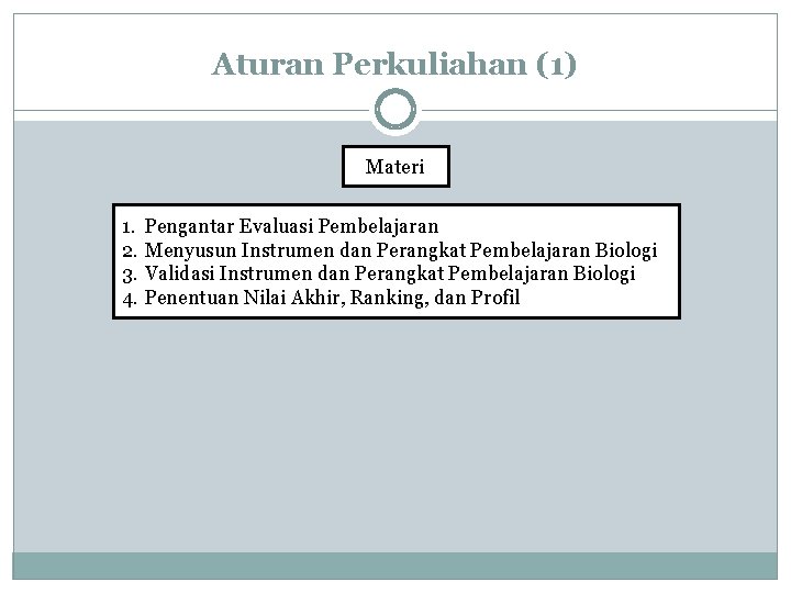 Aturan Perkuliahan (1) Materi 1. Pengantar Evaluasi Pembelajaran 2. Menyusun Instrumen dan Perangkat Pembelajaran