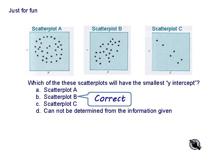 Just for fun Scatterplot A Scatterplot B Scatterplot C Which of these scatterplots will