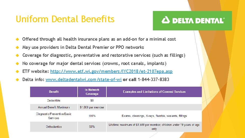 Uniform Dental Benefits Offered through all health insurance plans as an add-on for a