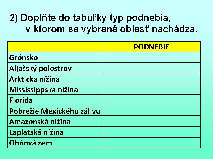 2) Doplňte do tabuľky typ podnebia, v ktorom sa vybraná oblasť nachádza. PODNEBIE Grónsko