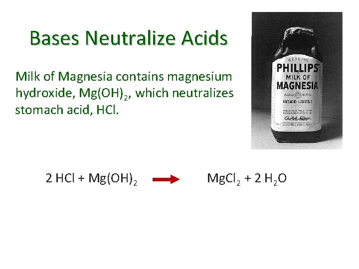 Bases Neutralize Acids Milk of Magnesia contains magnesium hydroxide, Mg(OH)2, which neutralizes stomach acid,